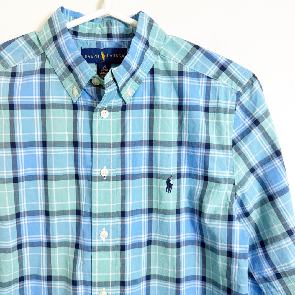 Ralph Lauren Button Down Shirt Boys L (14-16) Blue Teal Plaid Long Sleeve Pony